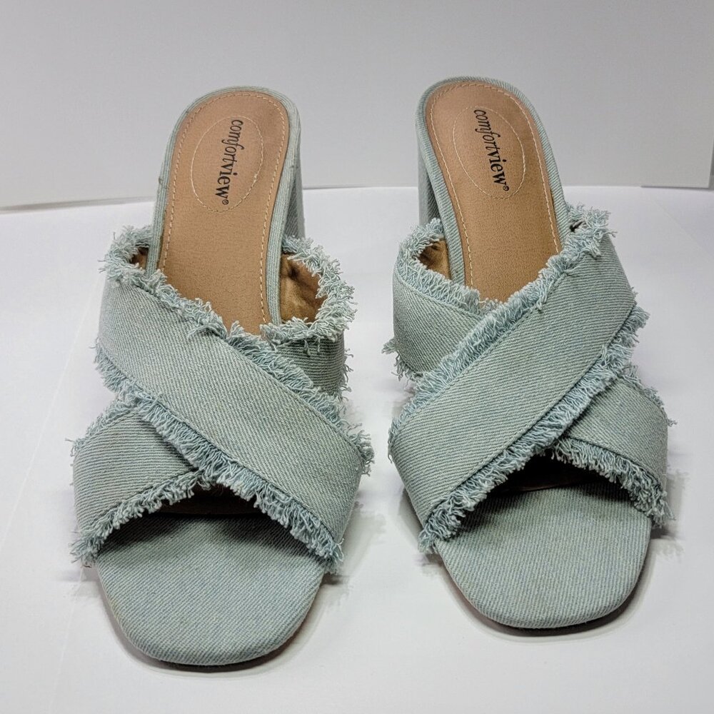 ComfortView Light Blue Frayed Denim Sandals with Block Heel, Size 11, EUC